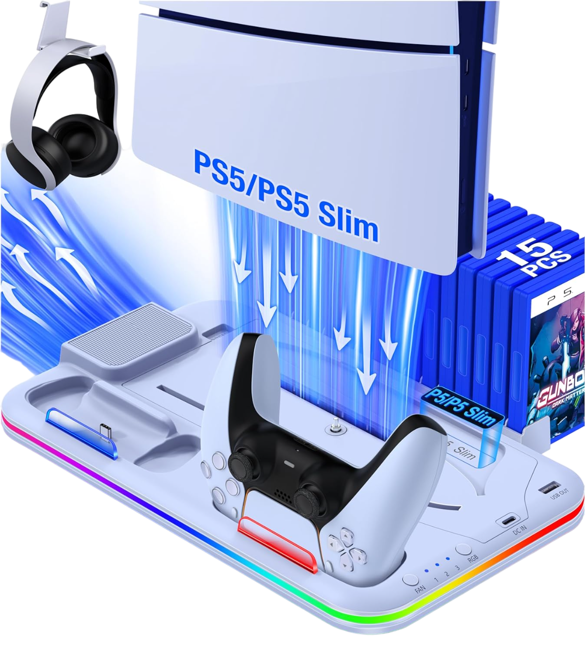 Base Multifuncional PS5 Fat Slim Digital Carga Controles DualSense Enfriadora - Blanco