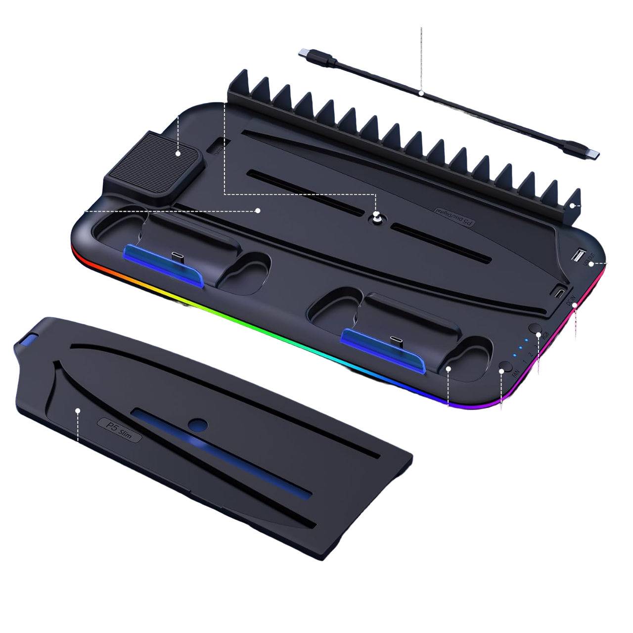 Base Multifuncional PS5 Fat Slim Digital Carga Controles DualSense Enfriadora - Negro