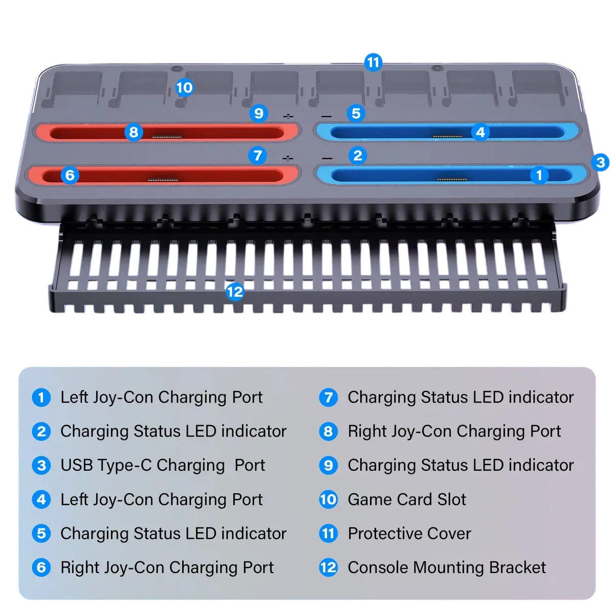 Base Carga Multifuncional Nintendo Switch 2 Cargador 4 Joy-Con Ranuras Tarjetas Juego Indicador LED
