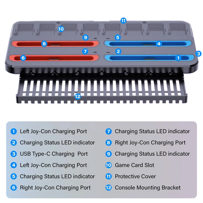 Base Carga Multifuncional Nintendo Switch 2 Cargador 4 Joy-Con Ranuras Tarjetas Juego Indicador LED