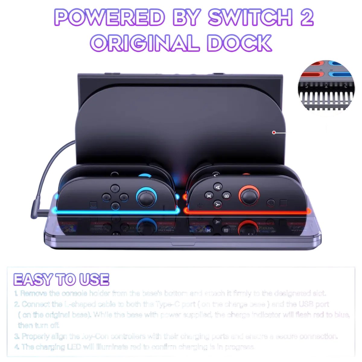 Base Carga Multifuncional Nintendo Switch 2 Cargador 4 Joy-Con Ranuras Tarjetas Juego Indicador LED